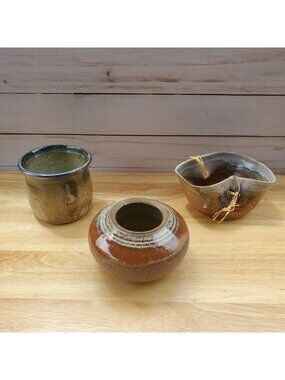 Handcrafted VTG Studio Thrown Pottery Bowls Set Of 3 Rustic Glazed Clay Forms